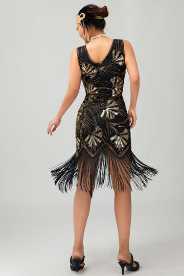 Vestido Sparkly Black Golden Fringed 1920s